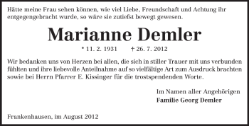 Traueranzeige von Marianne Demler von Echo-Zeitungen (Gesamtausgabe)