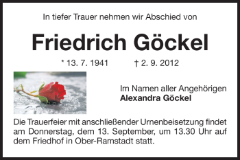 Traueranzeige von Friedrich Göckel von Darmstädter Echo, Odenwälder Echo, Rüsselsheimer Echo, Groß-Gerauer-Echo, Ried Echo