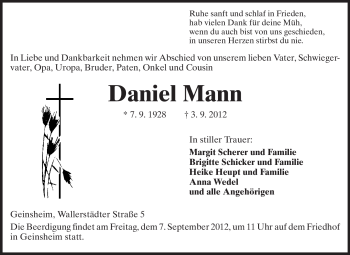 Traueranzeige von Daniel Mann  von Rüsselsheimer Echo, Groß-Gerauer-Echo, Ried Echo