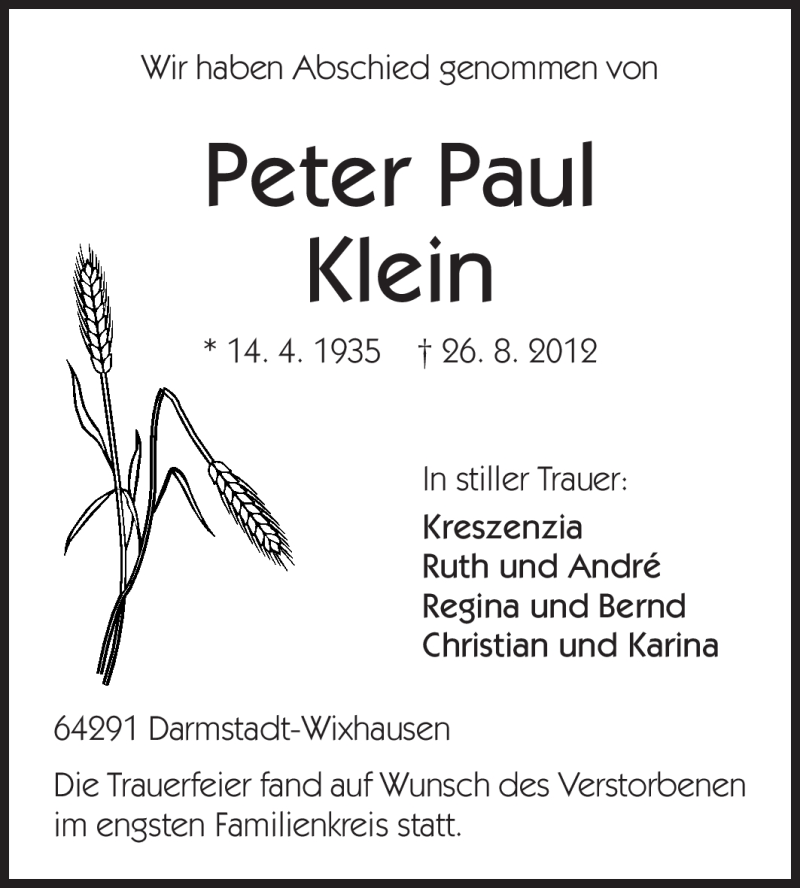  Traueranzeige für Peter Paul Klein vom 08.09.2012 aus Echo-Zeitungen (Gesamtausgabe)
