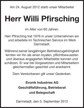 Traueranzeige von Willi Pfirsching von Echo-Zeitungen (Gesamtausgabe)