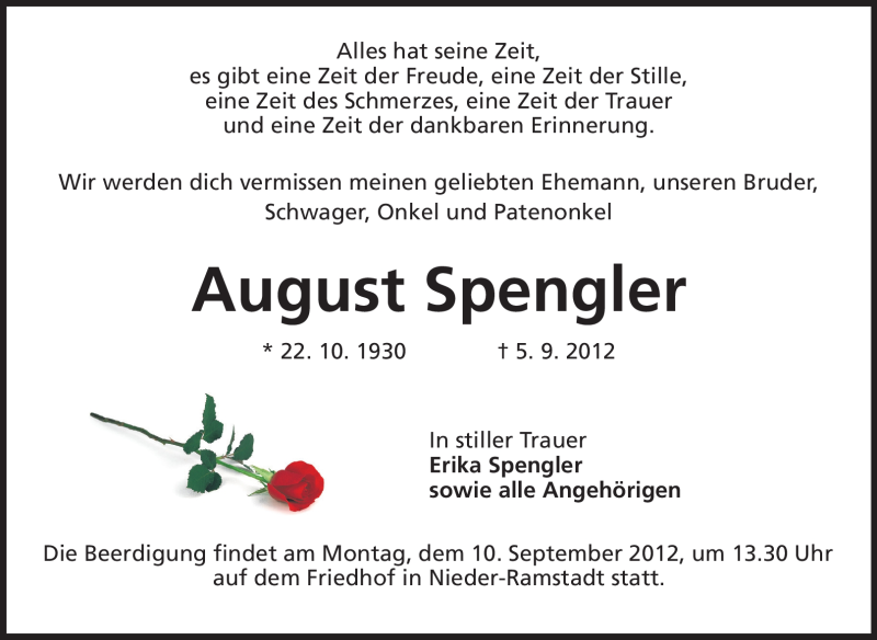  Traueranzeige für August Spengler vom 08.09.2012 aus Echo-Zeitungen (Gesamtausgabe)
