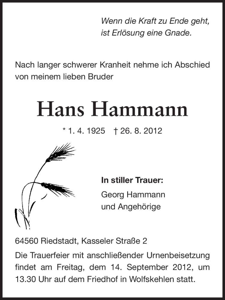  Traueranzeige für Hans Hammann vom 12.09.2012 aus Rüsselsheimer Echo, Groß-Gerauer-Echo, Ried Echo
