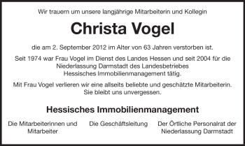 Traueranzeige von Christa Vogel von Darmstädter Echo, Odenwälder Echo, Rüsselsheimer Echo, Groß-Gerauer-Echo, Ried Echo
