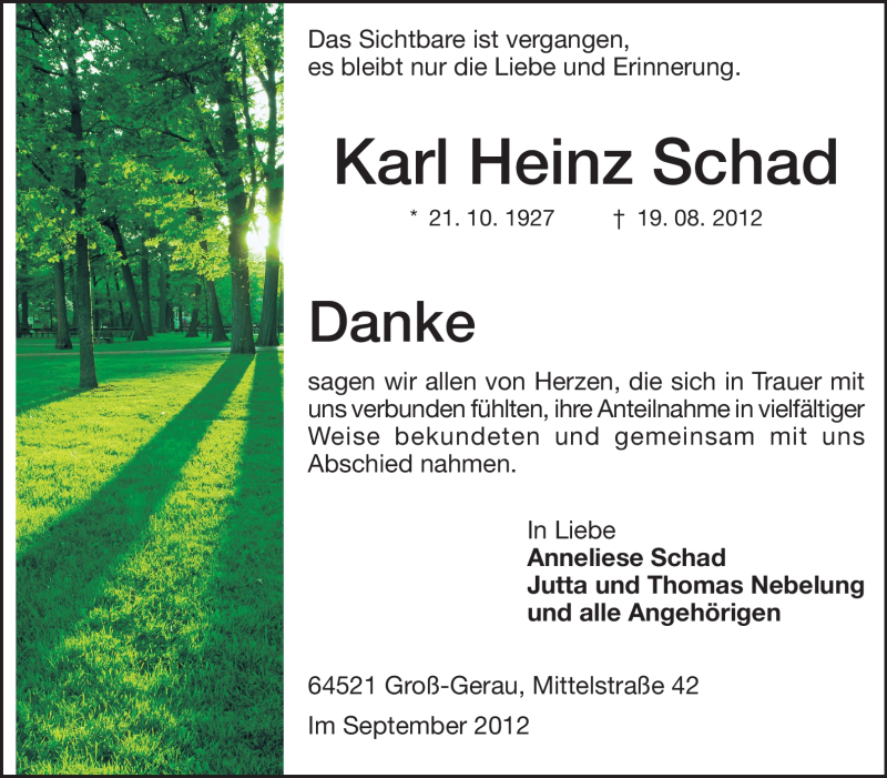  Traueranzeige für Karl Heinz Schad vom 08.09.2012 aus Rüsselsheimer Echo, Groß-Gerauer-Echo, Ried Echo