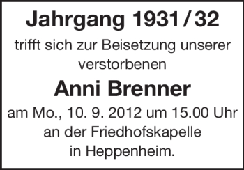 Traueranzeige von Anni Brenner von Starkenburger Echo