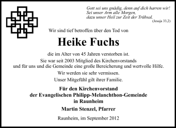 Traueranzeige von Heike Fuchs von Rüsselsheimer Echo, Groß-Gerauer-Echo, Ried Echo