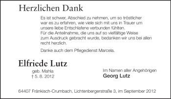 Traueranzeige von Elfriede Lutz von Odenwälder Echo