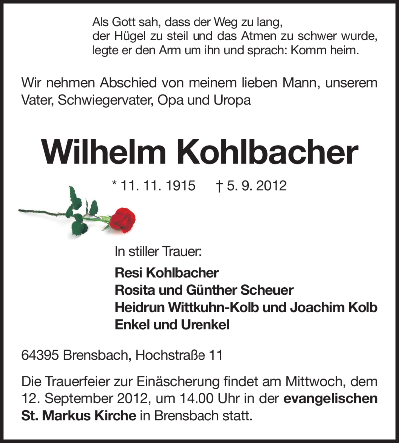  Traueranzeige für Wilhelm Kohlbacher vom 10.09.2012 aus Odenwälder Echo
