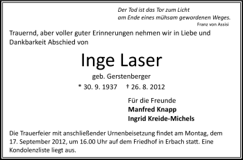 Traueranzeige von Inge Laser von Odenwälder Echo