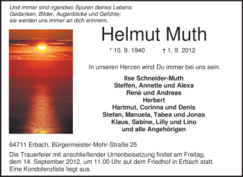 Traueranzeige von Helmut Muth von Odenwälder Echo