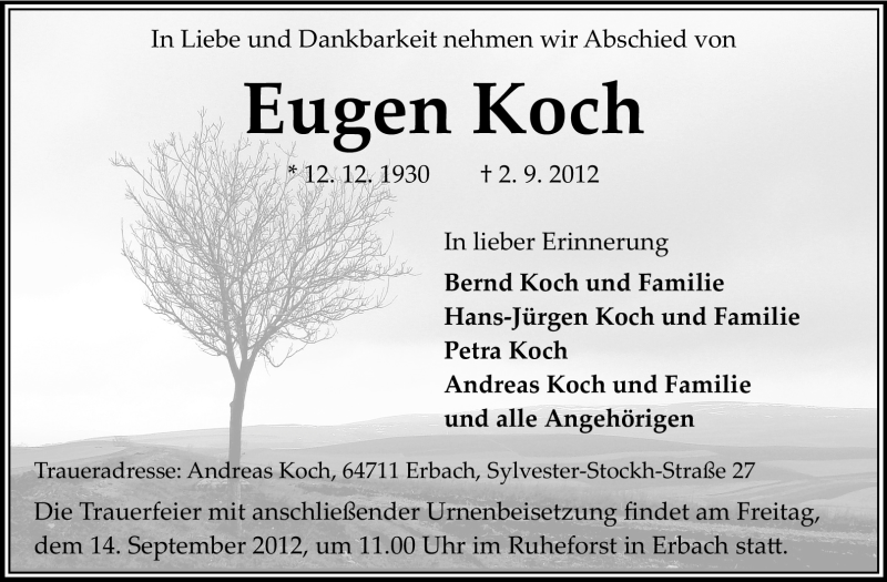  Traueranzeige für Eugen Koch vom 08.09.2012 aus Odenwälder Echo