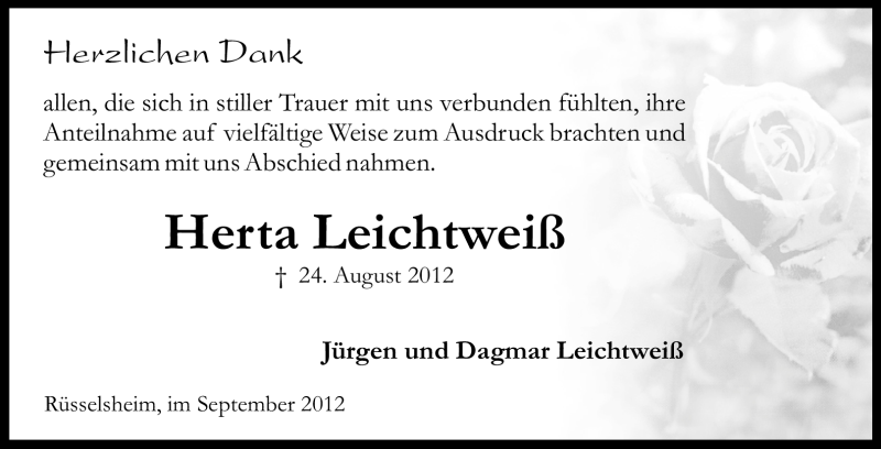  Traueranzeige für Herta Leichtweiß vom 08.09.2012 aus Rüsselsheimer Echo, Groß-Gerauer-Echo, Ried Echo