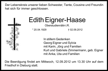 Traueranzeige von Edith Eigner-Haase von Echo-Zeitungen (Gesamtausgabe)