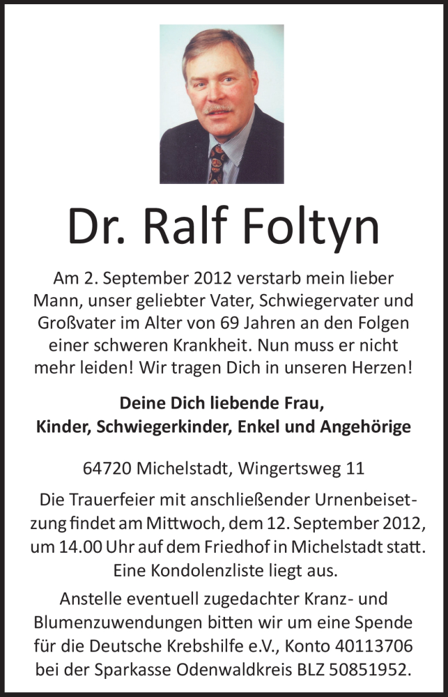  Traueranzeige für Ralf Foltyn vom 08.09.2012 aus Odenwälder Echo
