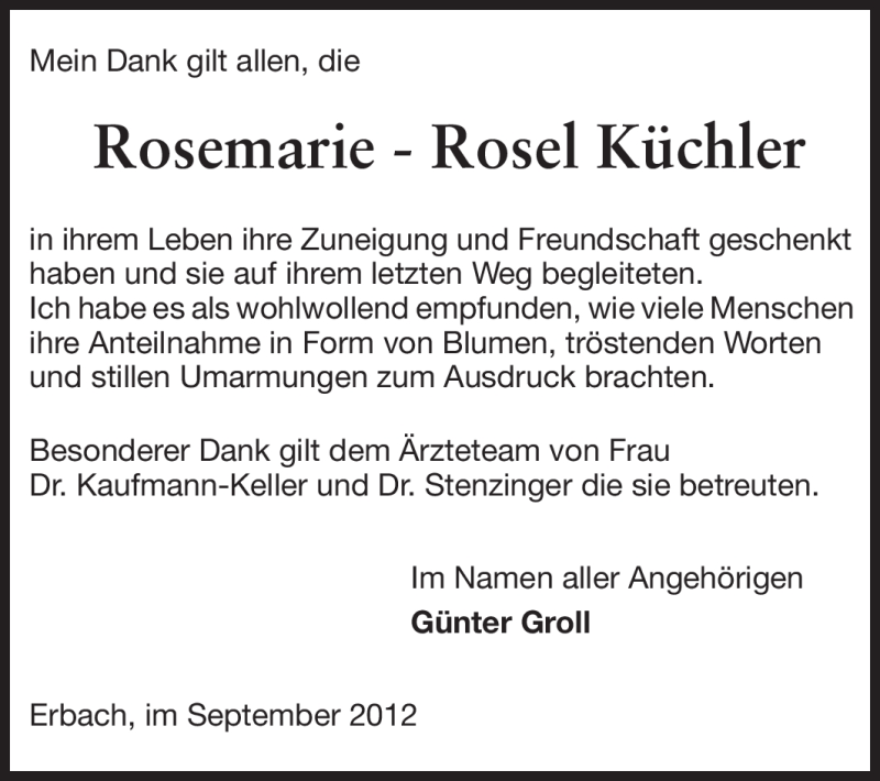  Traueranzeige für Rosemarie Küchler vom 08.09.2012 aus Odenwälder Echo