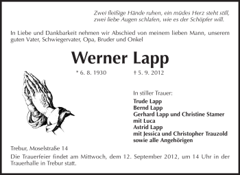 Traueranzeige von Werner Lapp von Rüsselsheimer Echo, Groß-Gerauer-Echo, Ried Echo