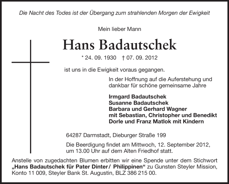  Traueranzeige für Hans Badautschek vom 10.09.2012 aus Echo-Zeitungen (Gesamtausgabe)