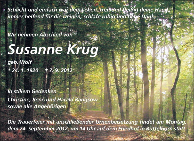  Traueranzeige für Susanne Krug vom 15.09.2012 aus Rüsselsheimer Echo, Groß-Gerauer-Echo, Ried Echo