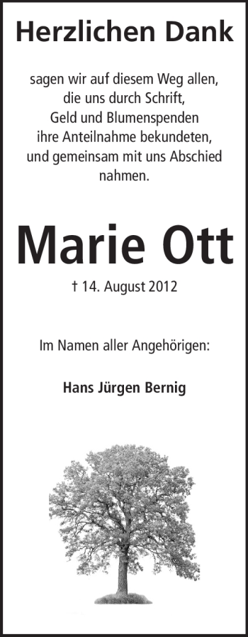 Traueranzeige von Marie Ott von Odenwälder Echo