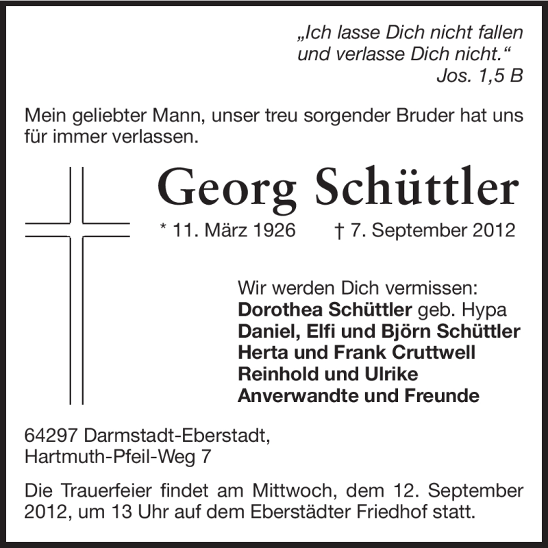  Traueranzeige für Georg Schüttler vom 11.09.2012 aus Echo-Zeitungen (Gesamtausgabe)