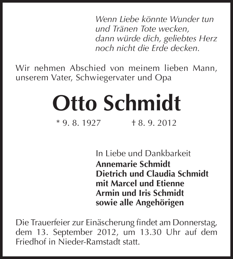  Traueranzeige für Otto Schmidt vom 11.09.2012 aus Echo-Zeitungen (Gesamtausgabe)