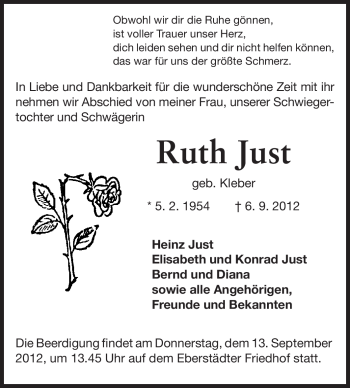 Traueranzeige von Ruth Just von Echo-Zeitungen (Gesamtausgabe)