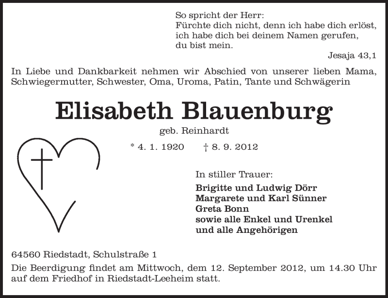  Traueranzeige für Elisabeth Blauenburg vom 11.09.2012 aus Rüsselsheimer Echo, Groß-Gerauer-Echo, Ried Echo