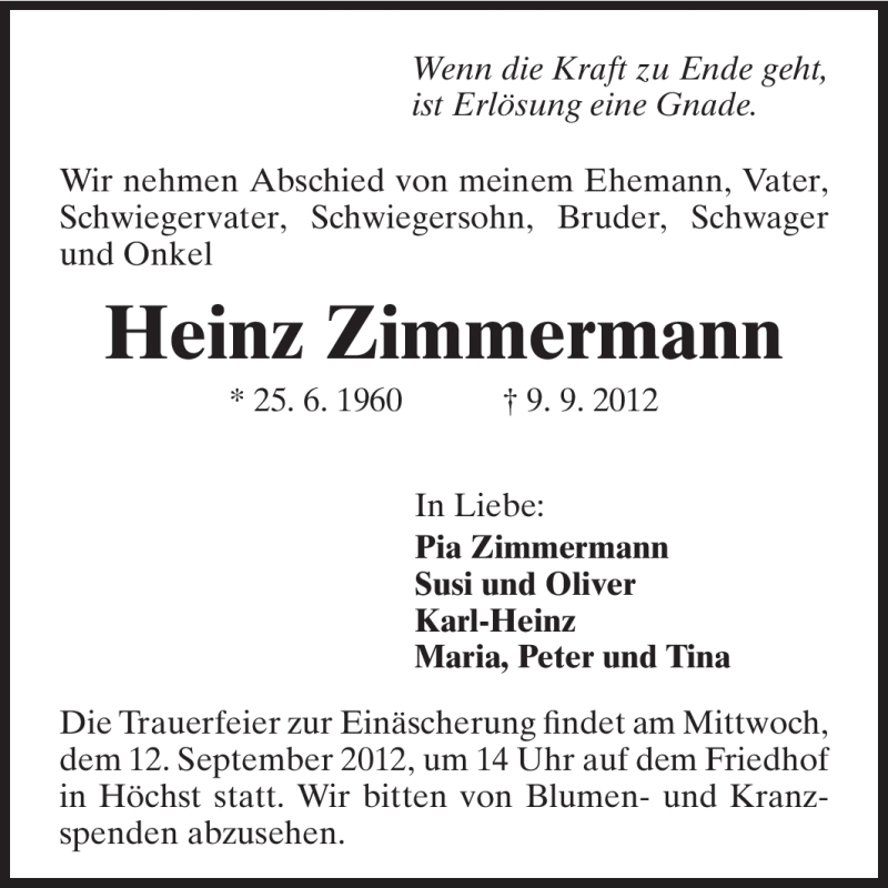  Traueranzeige für Heinz Zimmermann vom 11.09.2012 aus Odenwälder Echo