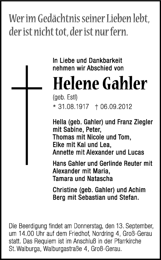  Traueranzeige für Helene Gahler vom 11.09.2012 aus Rüsselsheimer Echo, Groß-Gerauer-Echo, Ried Echo