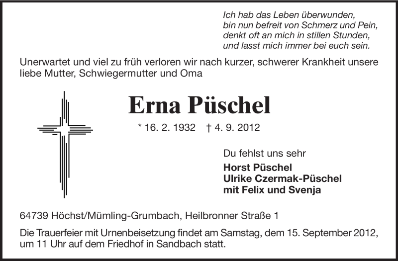  Traueranzeige für Erna Püschel vom 13.09.2012 aus Odenwälder Echo