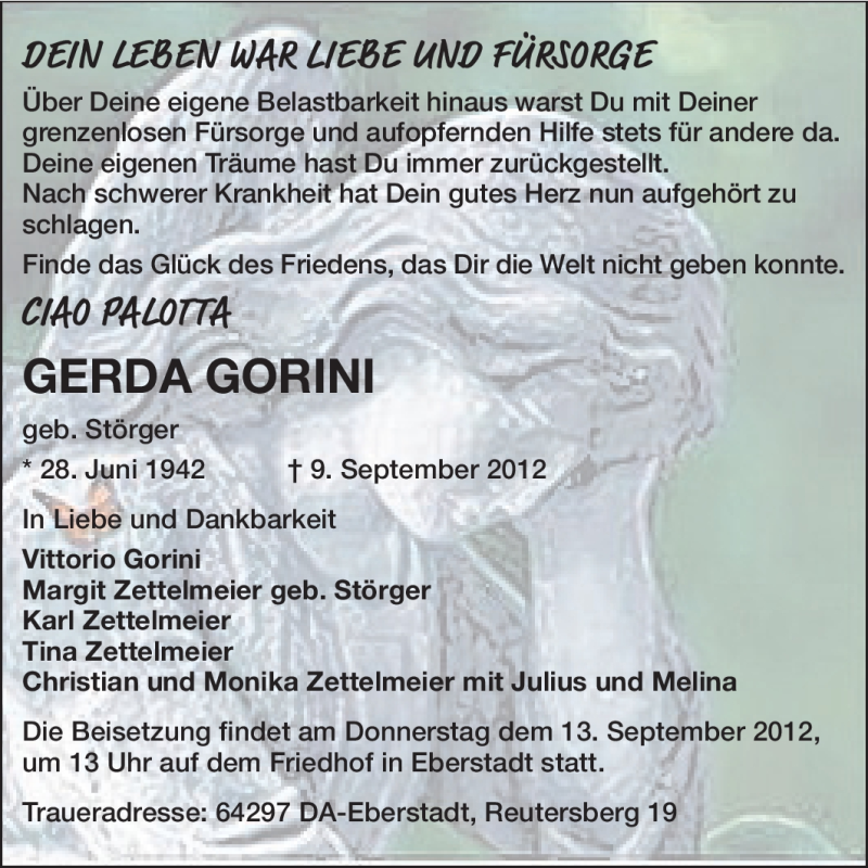 Traueranzeige für Gerda Gorini vom 11.09.2012 aus Echo-Zeitungen (Gesamtausgabe)