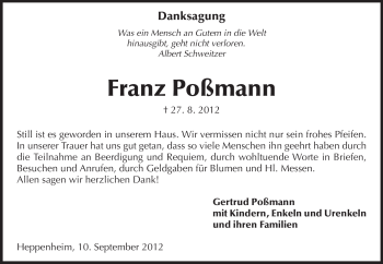 Traueranzeige von Franz Poßmann von Starkenburger Echo