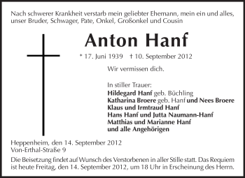 Traueranzeige von Anton Hanf von Starkenburger Echo