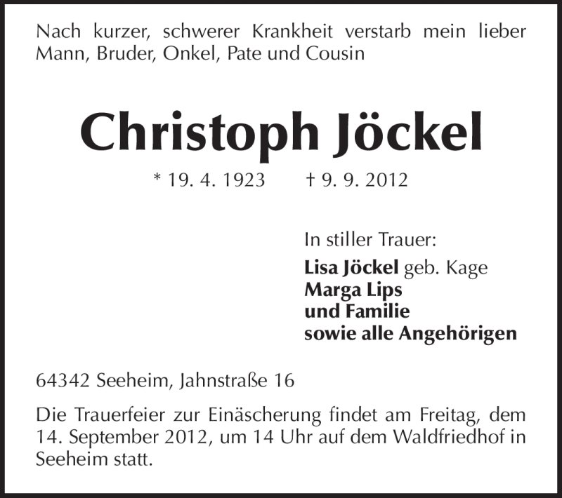  Traueranzeige für Christoph Jöckel vom 11.09.2012 aus Echo-Zeitungen (Gesamtausgabe)
