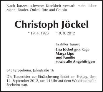 Traueranzeige von Christoph Jöckel von Echo-Zeitungen (Gesamtausgabe)