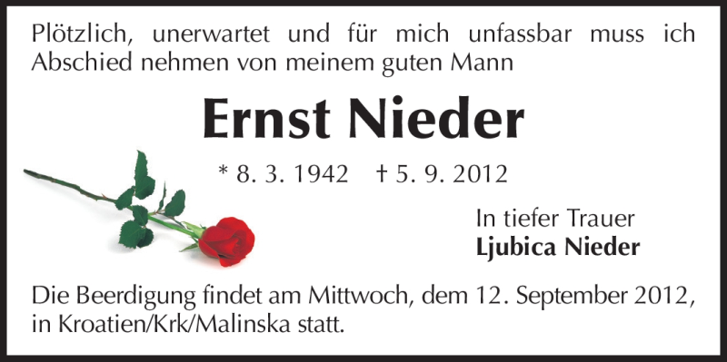  Traueranzeige für Ernst Nieder vom 11.09.2012 aus Echo-Zeitungen (Gesamtausgabe)