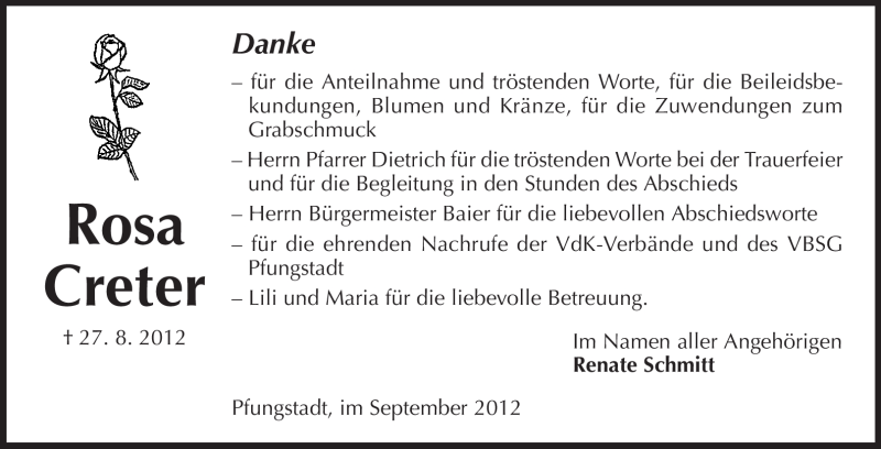  Traueranzeige für Rosa Creter vom 15.09.2012 aus Echo-Zeitungen (Gesamtausgabe)