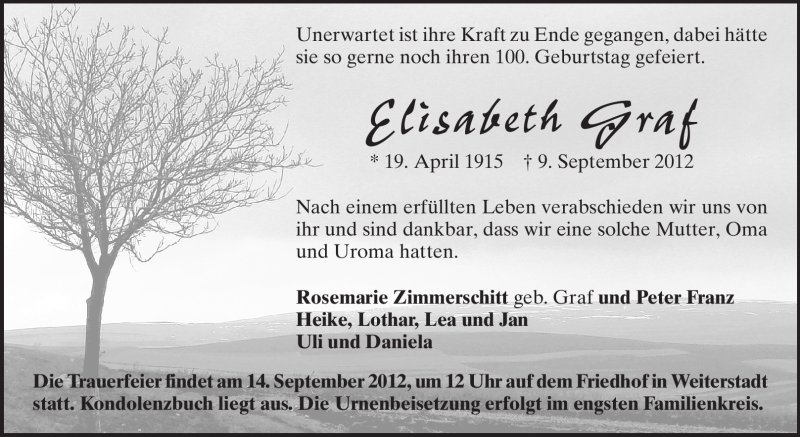  Traueranzeige für Elisabeth Graf vom 12.09.2012 aus Echo-Zeitungen (Gesamtausgabe)