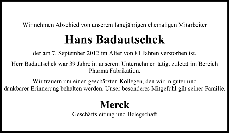  Traueranzeige für Hans Badautschek vom 12.09.2012 aus Echo-Zeitungen (Gesamtausgabe)