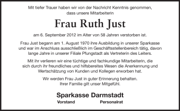 Traueranzeige von Ruth Just von Echo-Zeitungen (Gesamtausgabe)