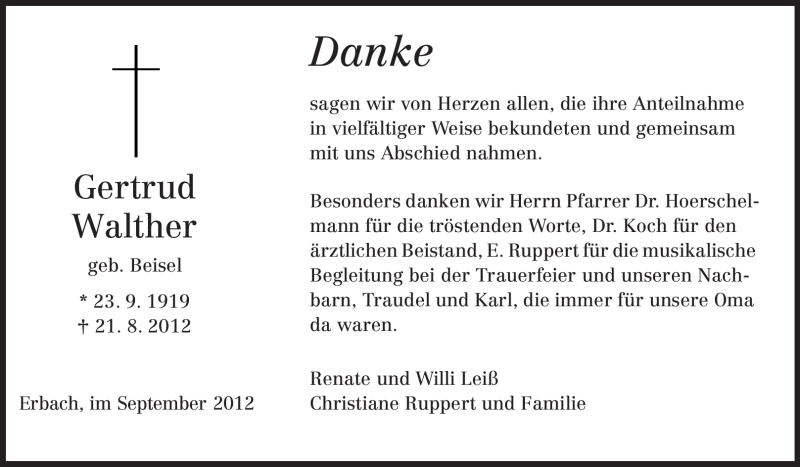  Traueranzeige für Gertrud Walther vom 14.09.2012 aus Odenwälder Echo