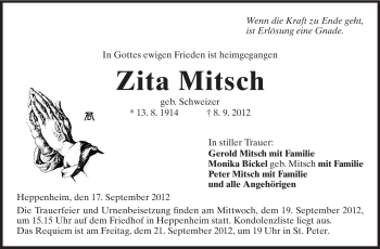 Traueranzeige von Zita Mitsch von Starkenburger Echo