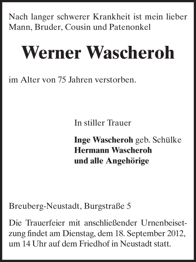  Traueranzeige für Werner Wascheroh vom 14.09.2012 aus Odenwälder Echo