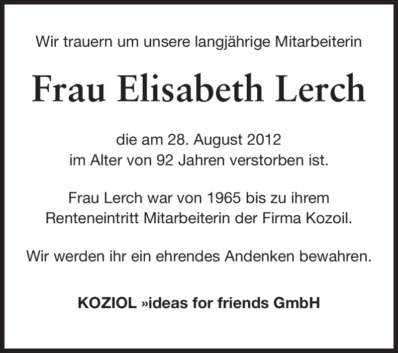  Traueranzeige für Elisabeth Lerch vom 13.09.2012 aus Odenwälder Echo
