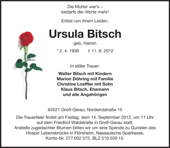 Traueranzeige von Ursula Bitsch von Rüsselsheimer Echo, Groß-Gerauer-Echo, Ried Echo