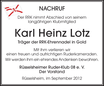 Traueranzeige von Karl Heinz Lotz von Rüsselsheimer Echo, Groß-Gerauer-Echo, Ried Echo