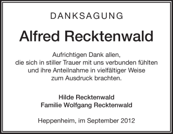 Traueranzeige von Alfred Recktenwald von Starkenburger Echo