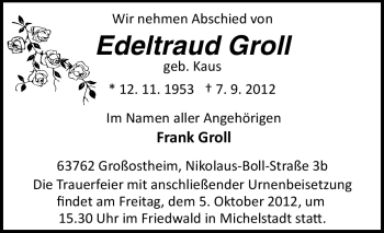 Traueranzeige von Edeltraud Groll von Odenwälder Echo