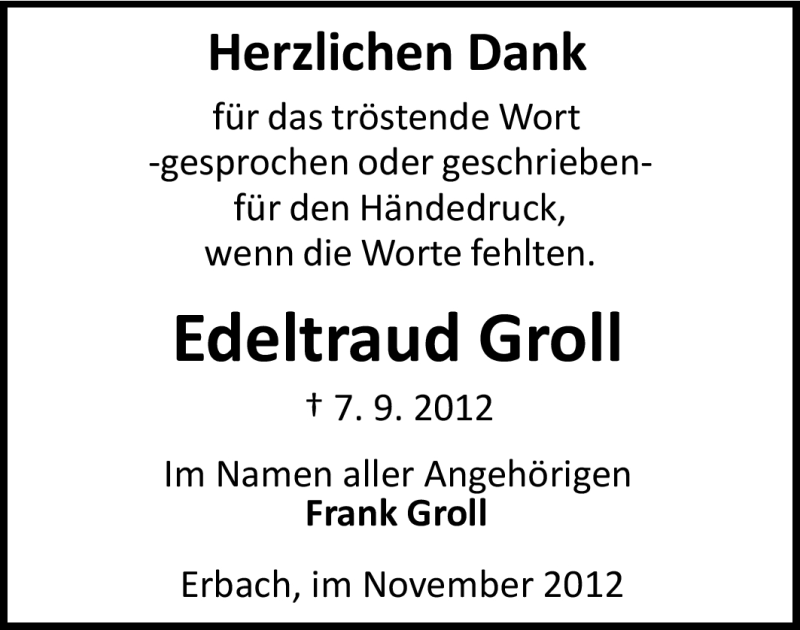  Traueranzeige für Edeltraud Groll vom 03.11.2012 aus Odenwälder Echo